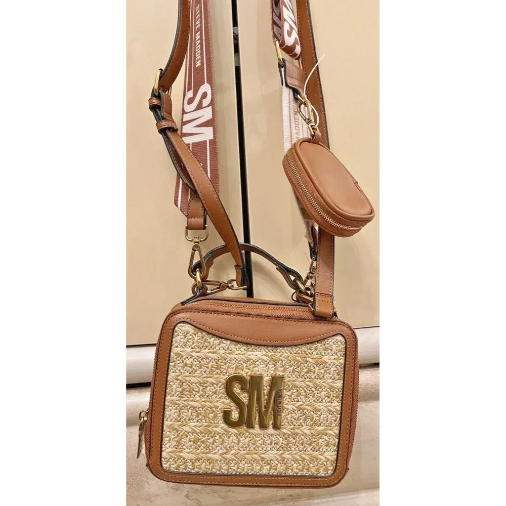 NWT STEVE MADDEN COGNAC BELIZZA WOVEN CROSSBODY HAND BAG AIRPODS TIKTOK VIRAL - Picture 2 of 8